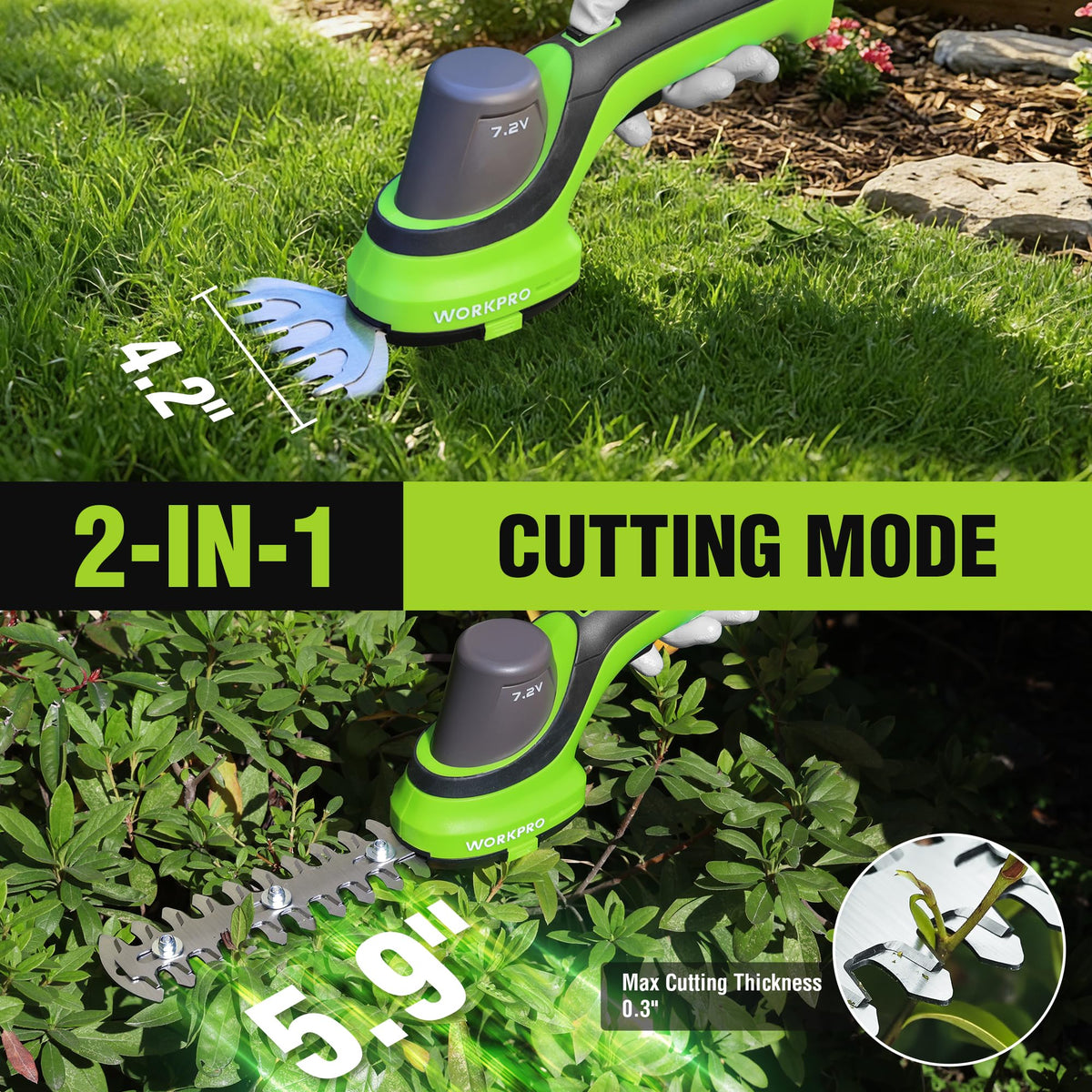 WORKPRO 2-in-1 trimmer head showing grass shear and hedge blade for versatility.