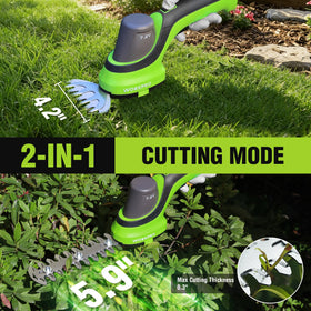 WORKPRO 2-in-1 trimmer head showing grass shear and hedge blade for versatility.