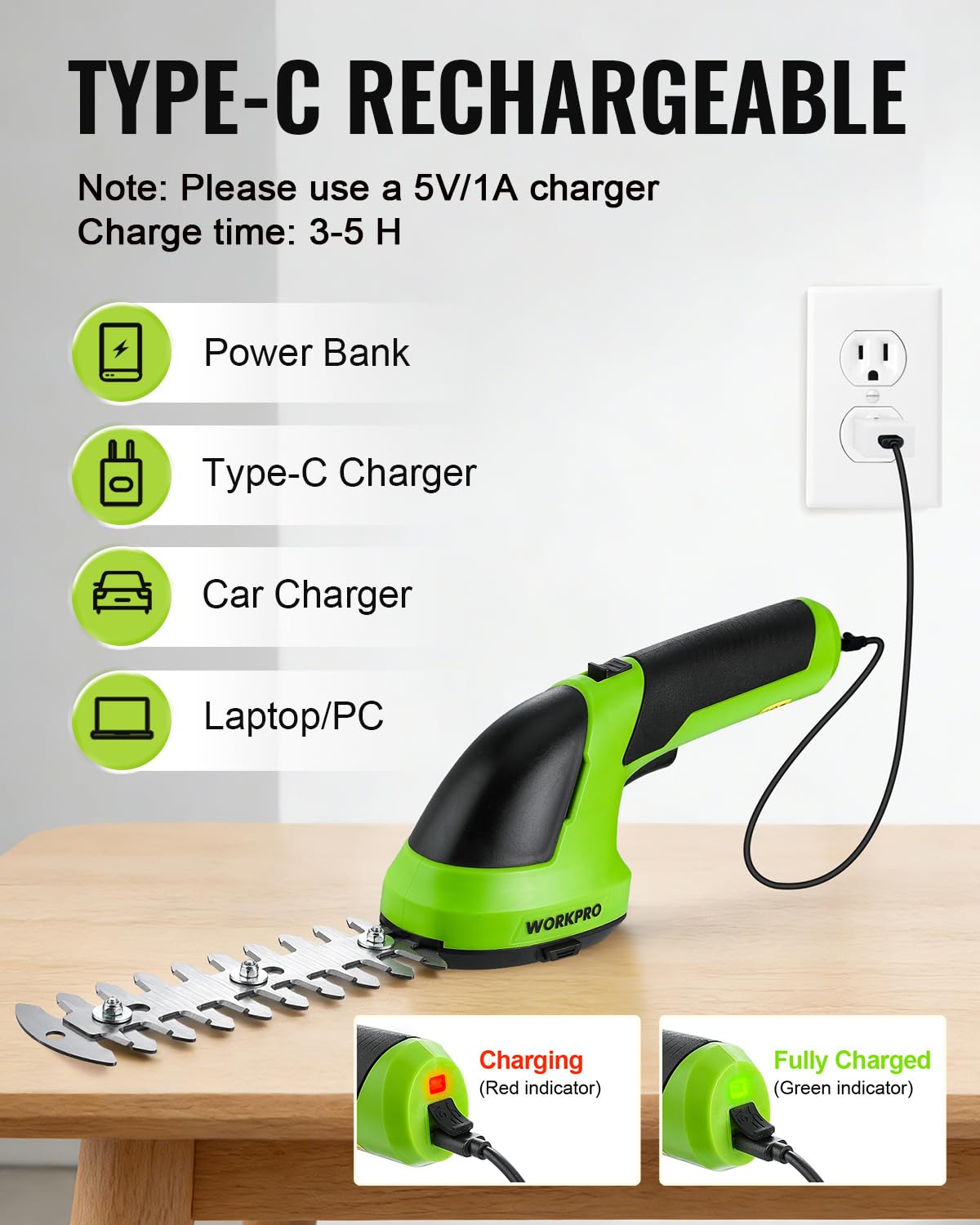 WORKPRO 2000mAh battery provides extended use between charges for longer trimming sessions.