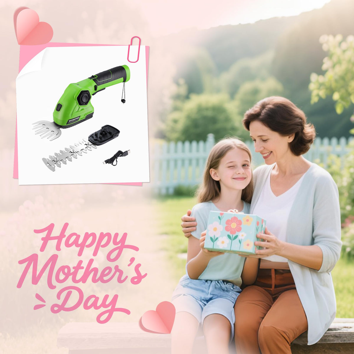 WORKPRO 2-in-1 hedge trimmer blades switch enables quick mowing to hedging transitions.