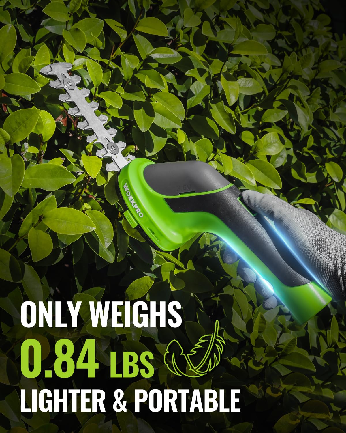 WORKPRO trimmer weighs 0.84 lb for light handling