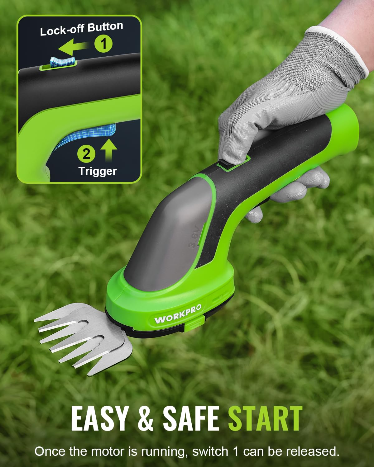 WORKPRO hedge trimmer features top safety button and dual-lock system