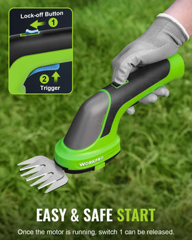 WORKPRO hedge trimmer features top safety button and dual-lock system
