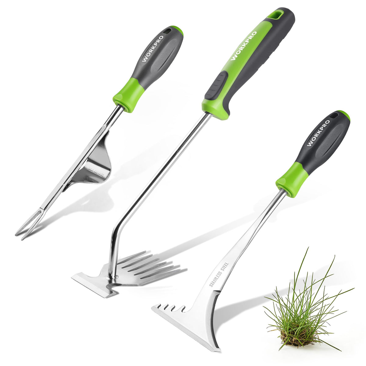 WORKPRO 3-piece weed puller set displayed, ideal for fast, deep-root removal in lawns.