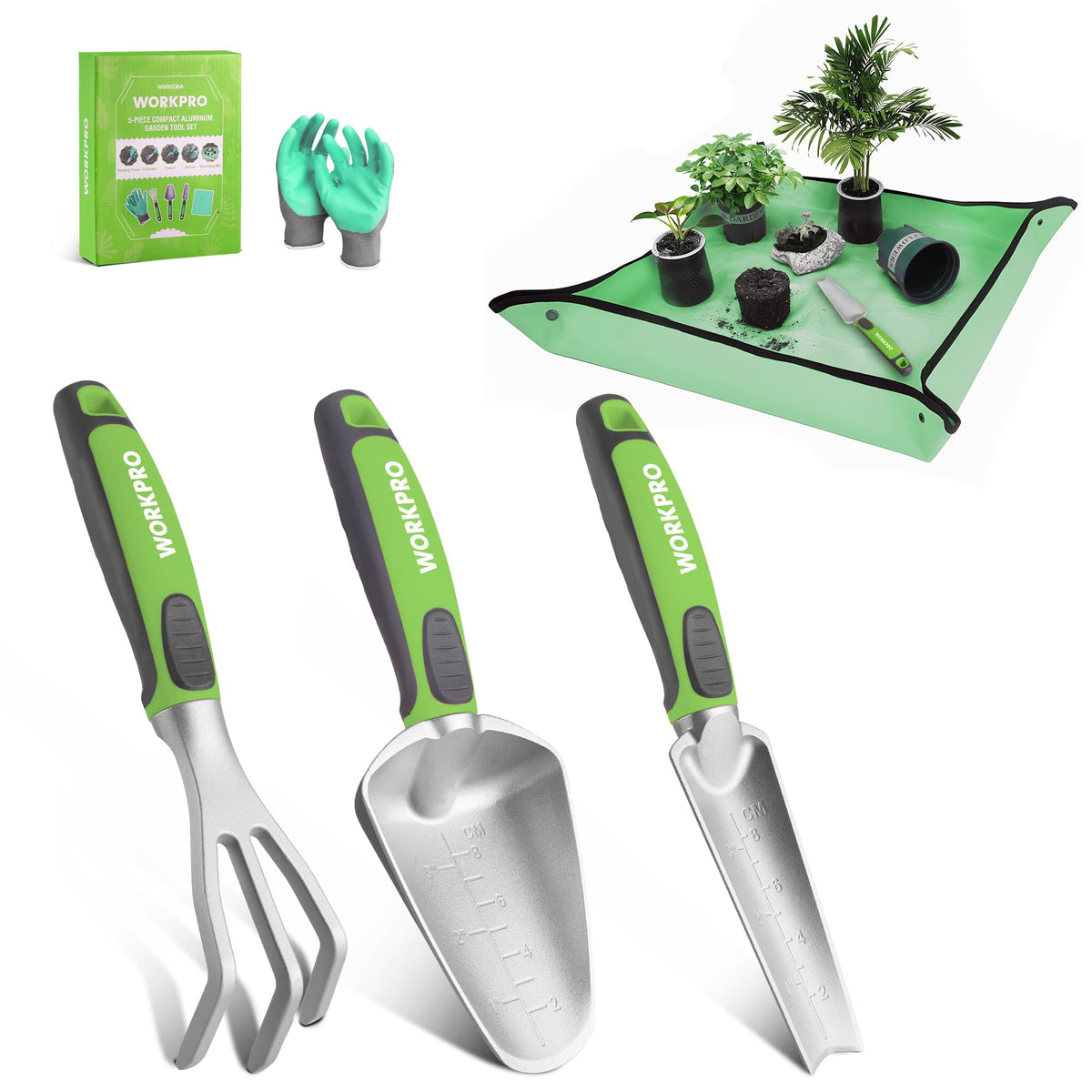 WORKPRO 5PCS aluminum garden tool set for planting and transplanting.