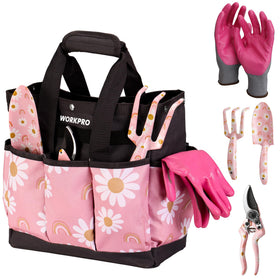 WORKPRO 5PCS gardening tools bag set with floral pattern, organized carry for easy gardening.