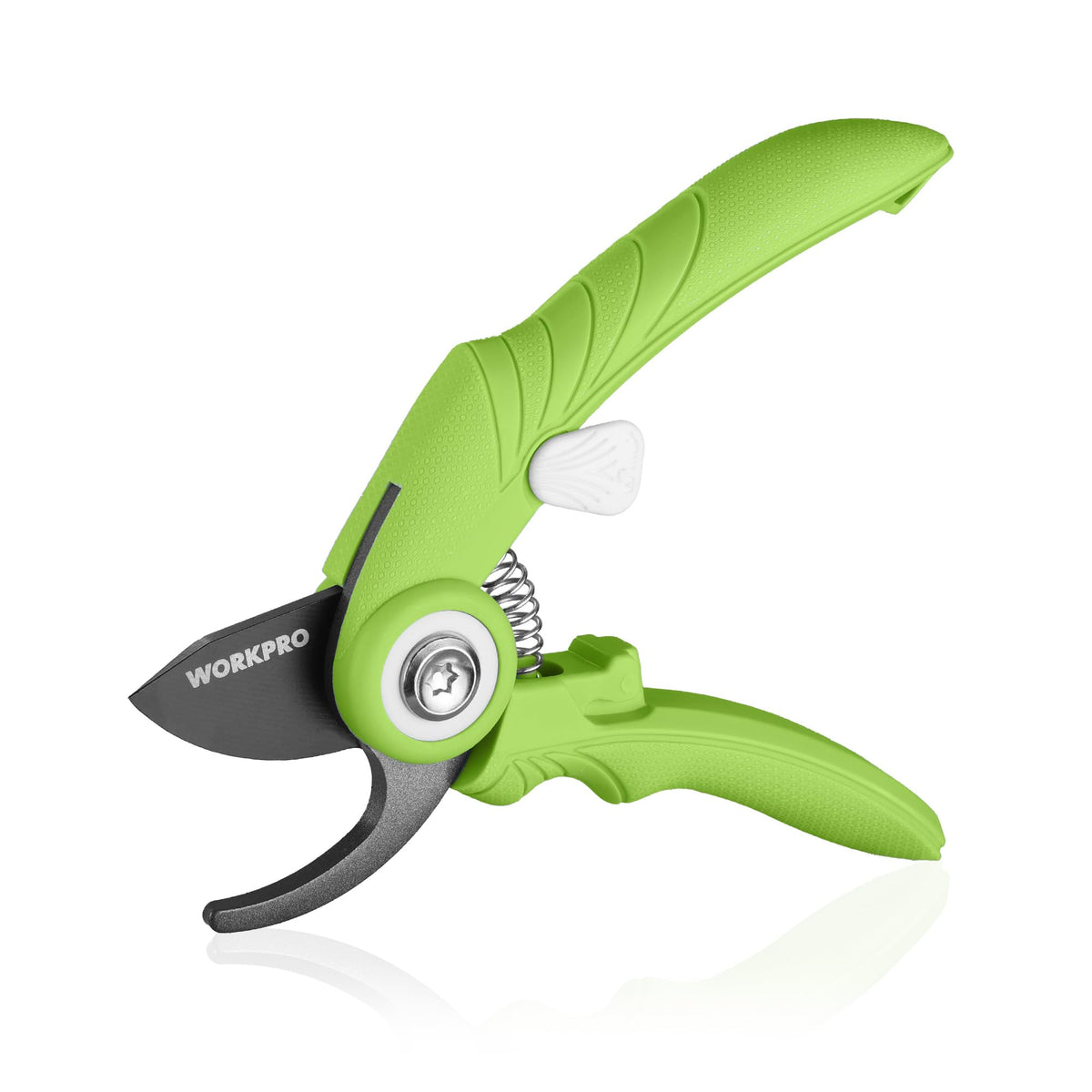 WORKPRO 6.9-inch pruning shears trimming a rose stem for precise garden work.