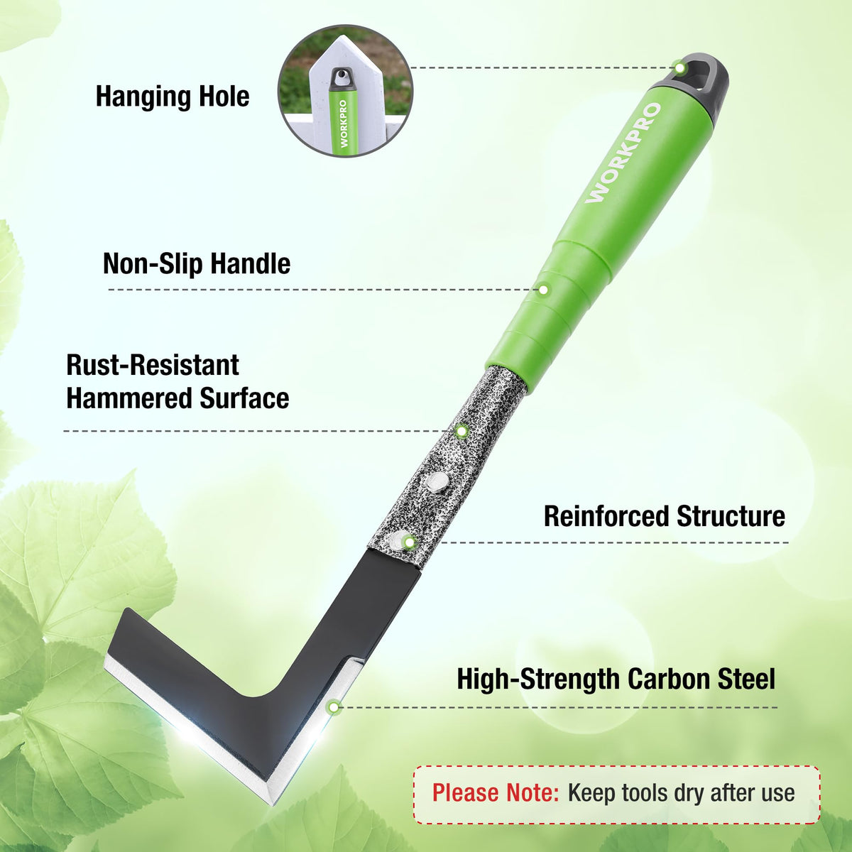 WORKPRO double-hoe with 3 prongs for deep tilling and weed removal.
