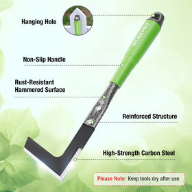 WORKPRO double-hoe with 3 prongs for deep tilling and weed removal.
