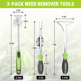 Close-up of WORKPRO 6-tine weed puller showing multi-weed grip for quicker weeding.