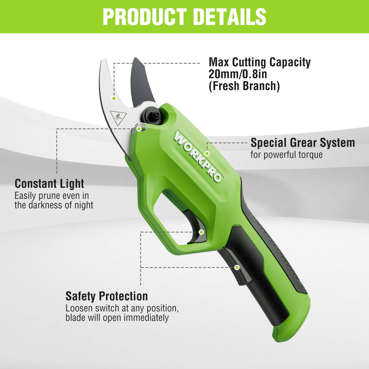 WORKPRO 7-2V battery pack powering cordless pruning sessions.