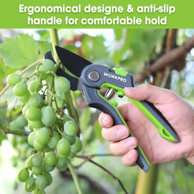 Anvil groove feature aids pruning of dead wood.