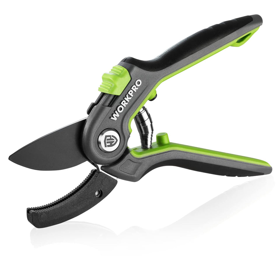 WORKPRO Anvil Pruning Shears blade close-up highlighting SK5 steel edge.