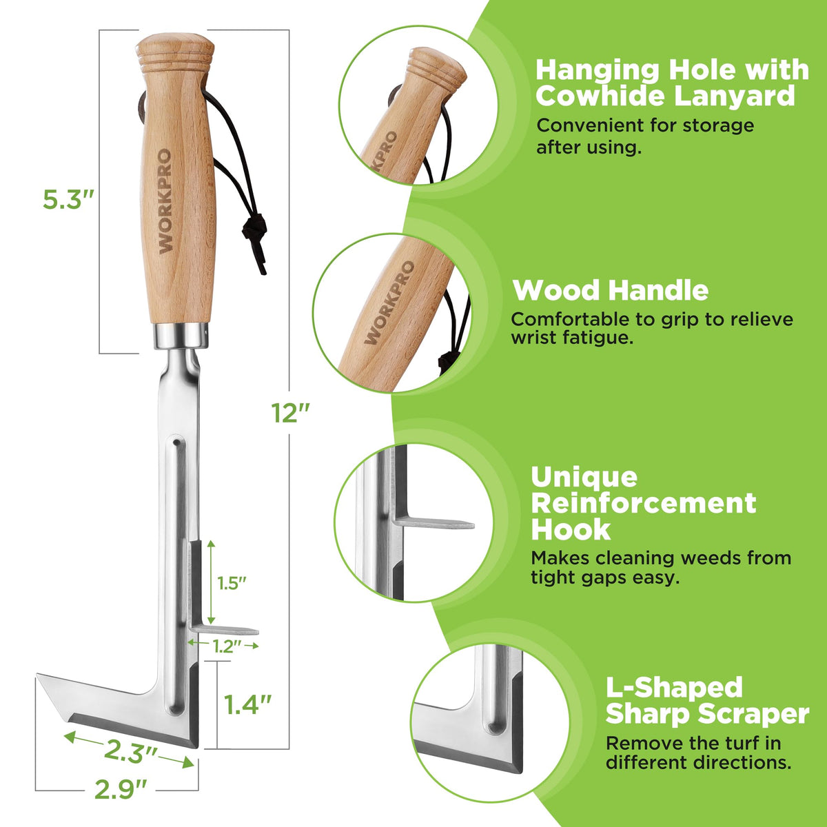 WORKPRO Beech wood handle provides comfortable grip during long weeding sessions