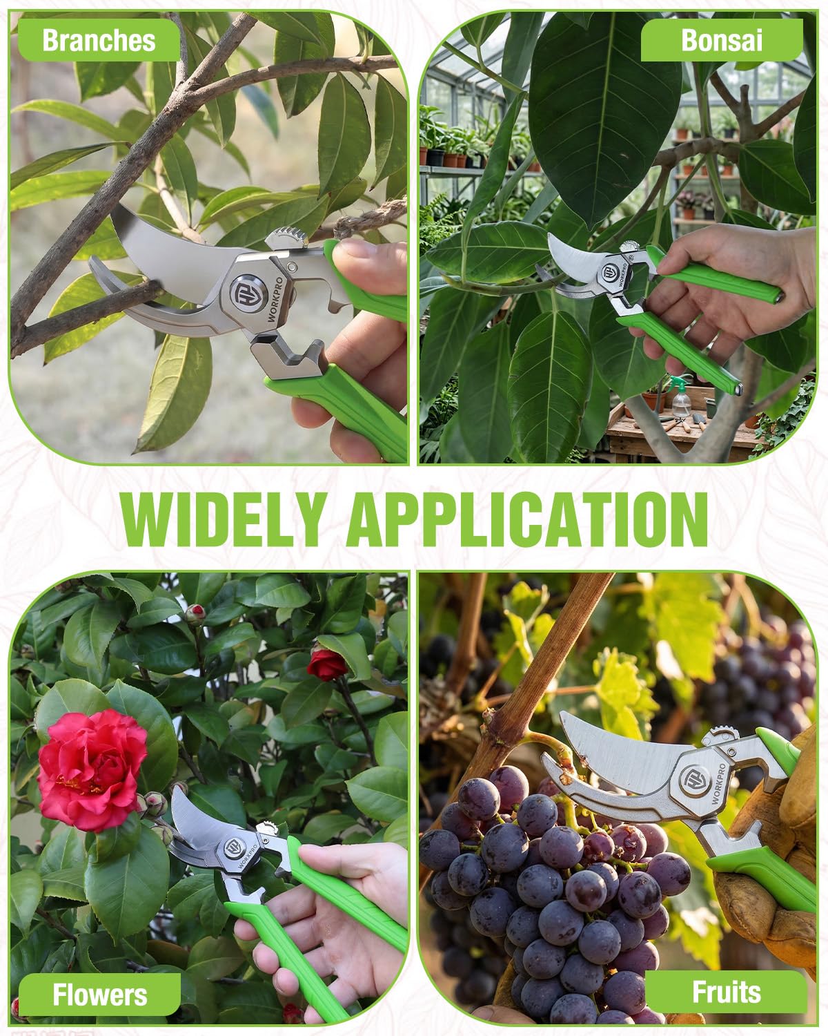 WORKPRO bypass cuts prevent crushing stems for healthier plants