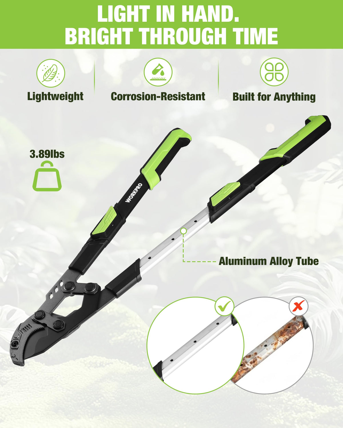 WORKPRO compound leverage system boosts cutting power while reducing hand fatigue.