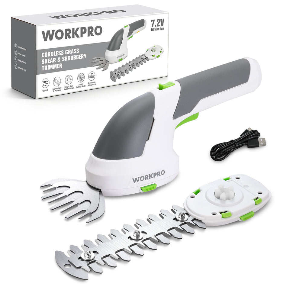 WORKPRO cordless grass shear-handle for comfortable one-handed trimming.