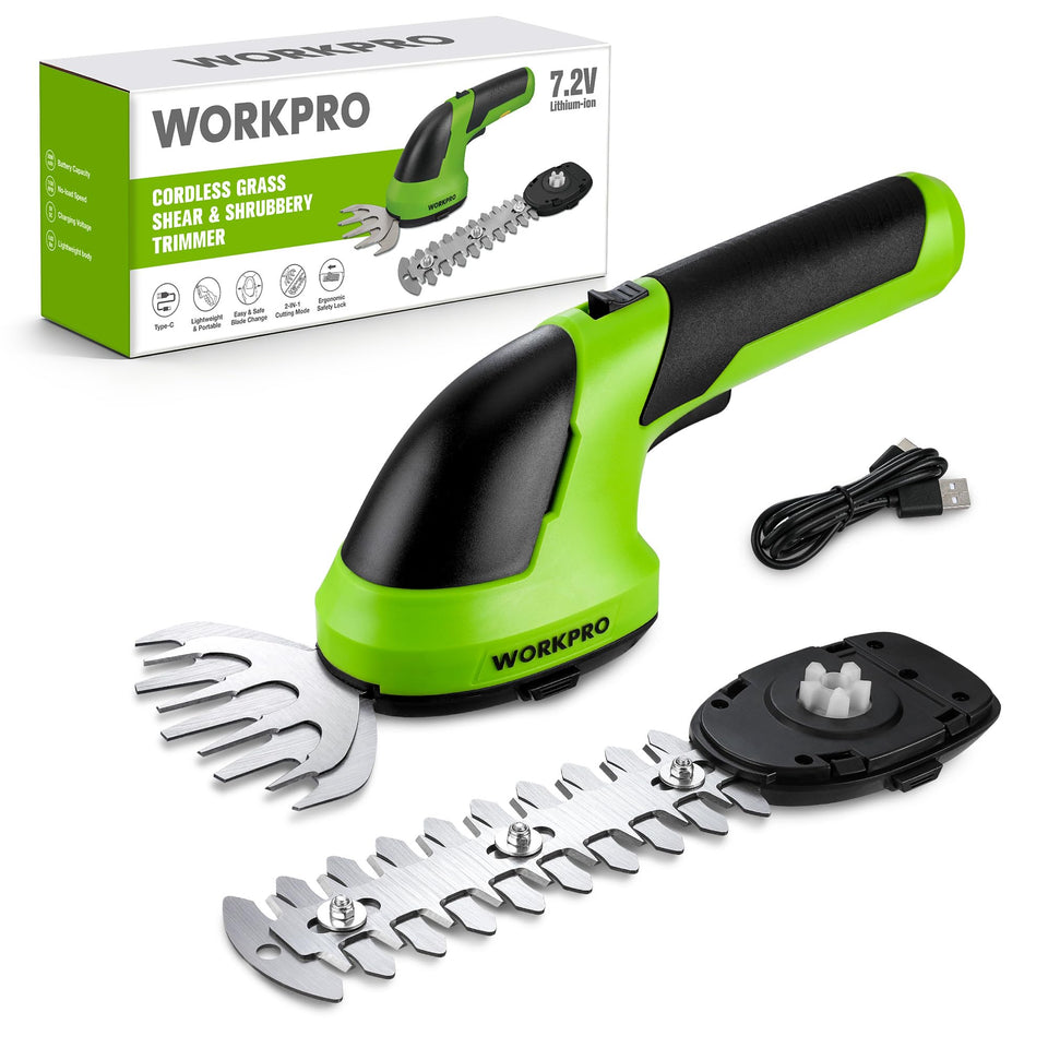 WORKPRO cordless grass shear top view highlights compact design for one-handed trimming.