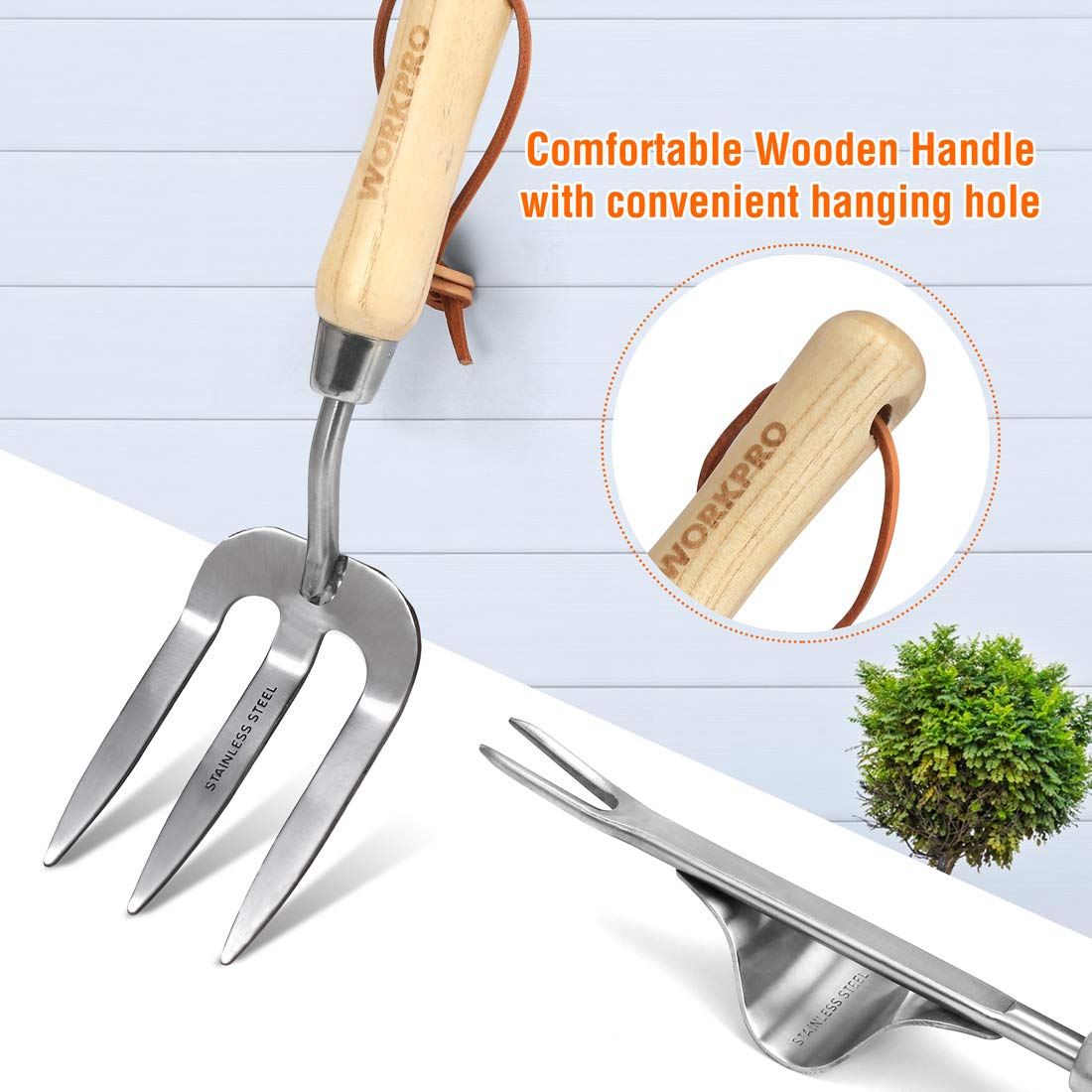 WORKPRO cultivator with wooden handle offers comfortable grip during digging