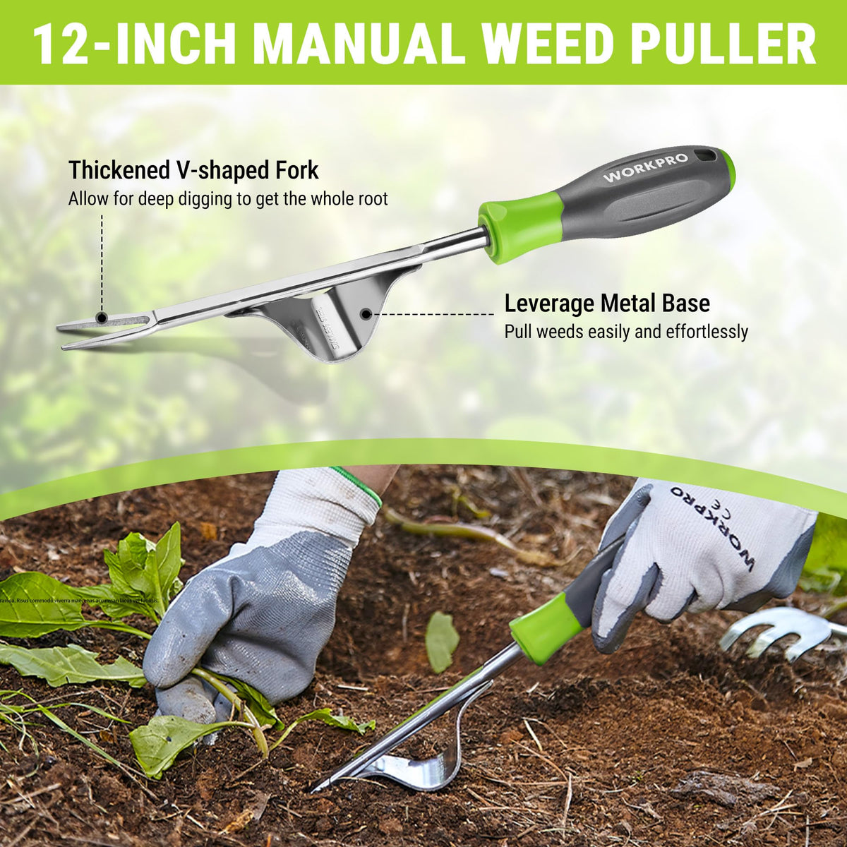 Ergonomic handle on WORKPRO weeder, comfortable grip during extended garden sessions.