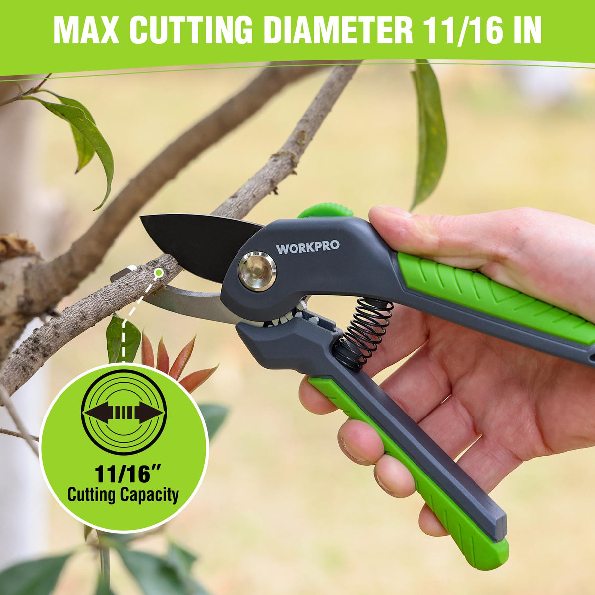 WorkPRO ergonomic non-slip handle in hand during pruning