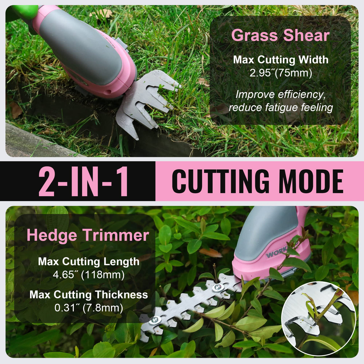 WORKPRO ergonomic top safety button improves control during trimming tasks.