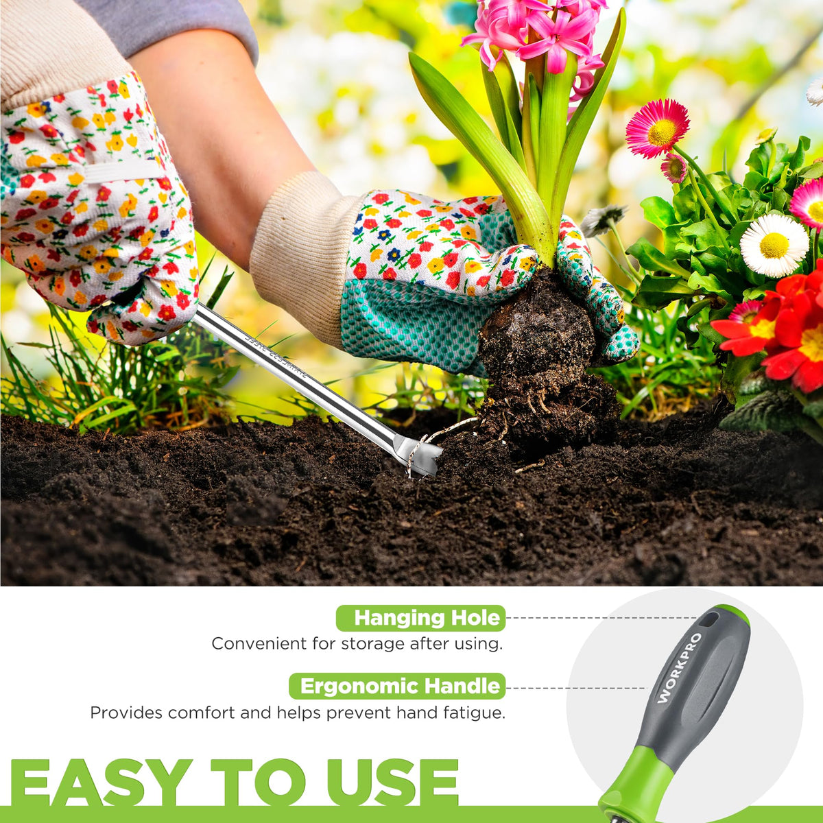 WORKPRO ergonomic weeder performing garden weeding tasks