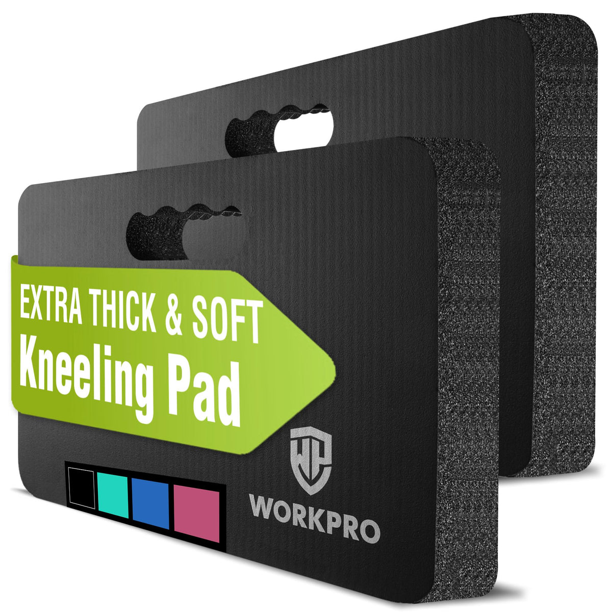WORKPRO kneeling pad front view shows thick 1.5-inch foam for knee comfort.