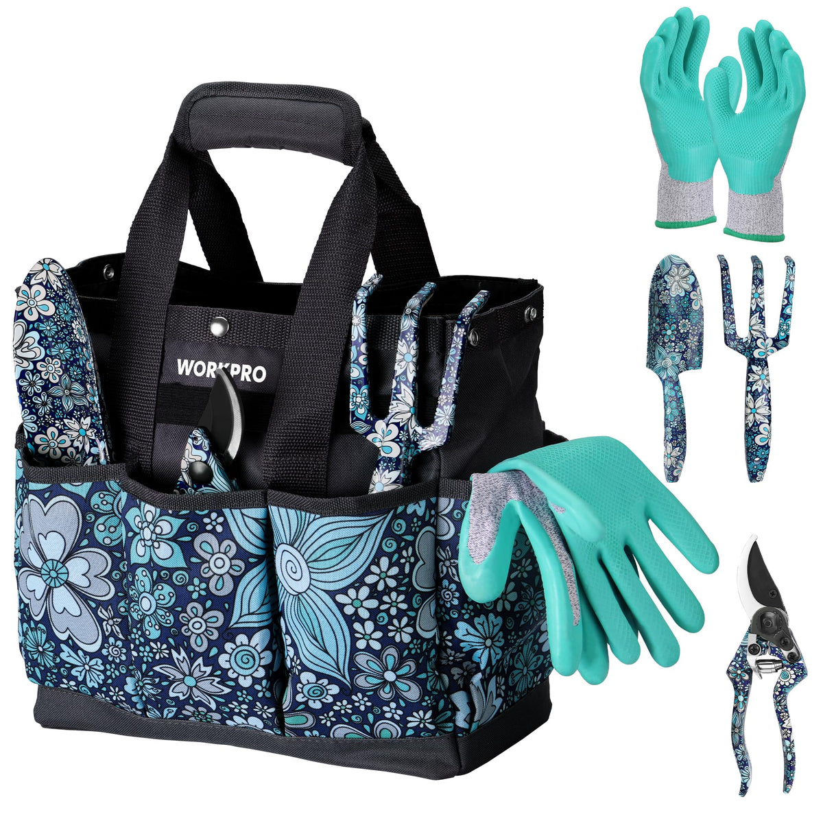 WORKPRO flower-pattern garden tool set with durable aluminum tools for easy digging and planting