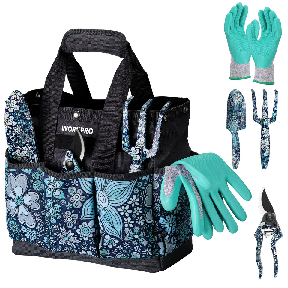 WORKPRO flower-pattern garden tool set with durable aluminum tools for easy digging and planting