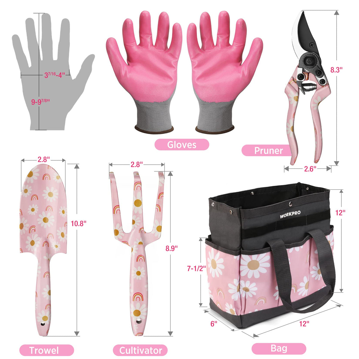 WORKPRO floral-pattern trowel shown for planting and digging tasks.