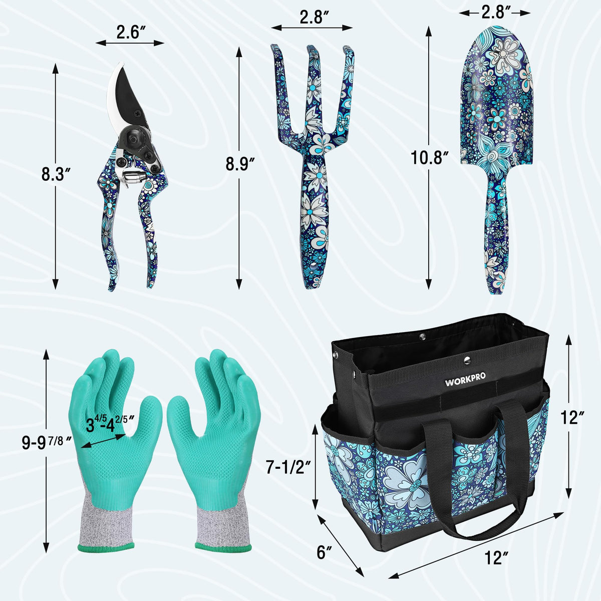 WORKPRO garden tool bag featuring 600D polyester keeps tools organized and portable