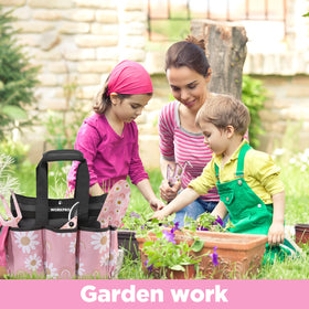 WORKPRO garden tool bag with reinforced bottom and multiple pockets for organization.