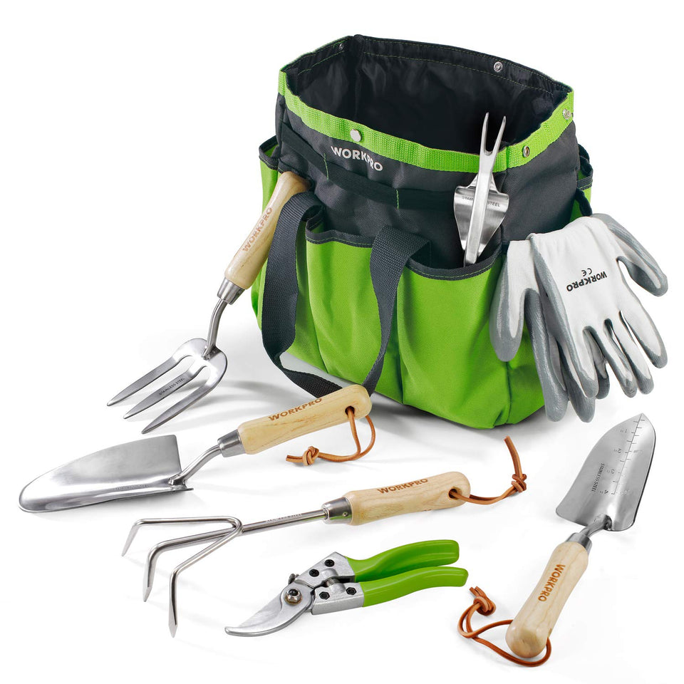 WORKPRO 8-piece garden tools set with tote bag for easy storage and transport