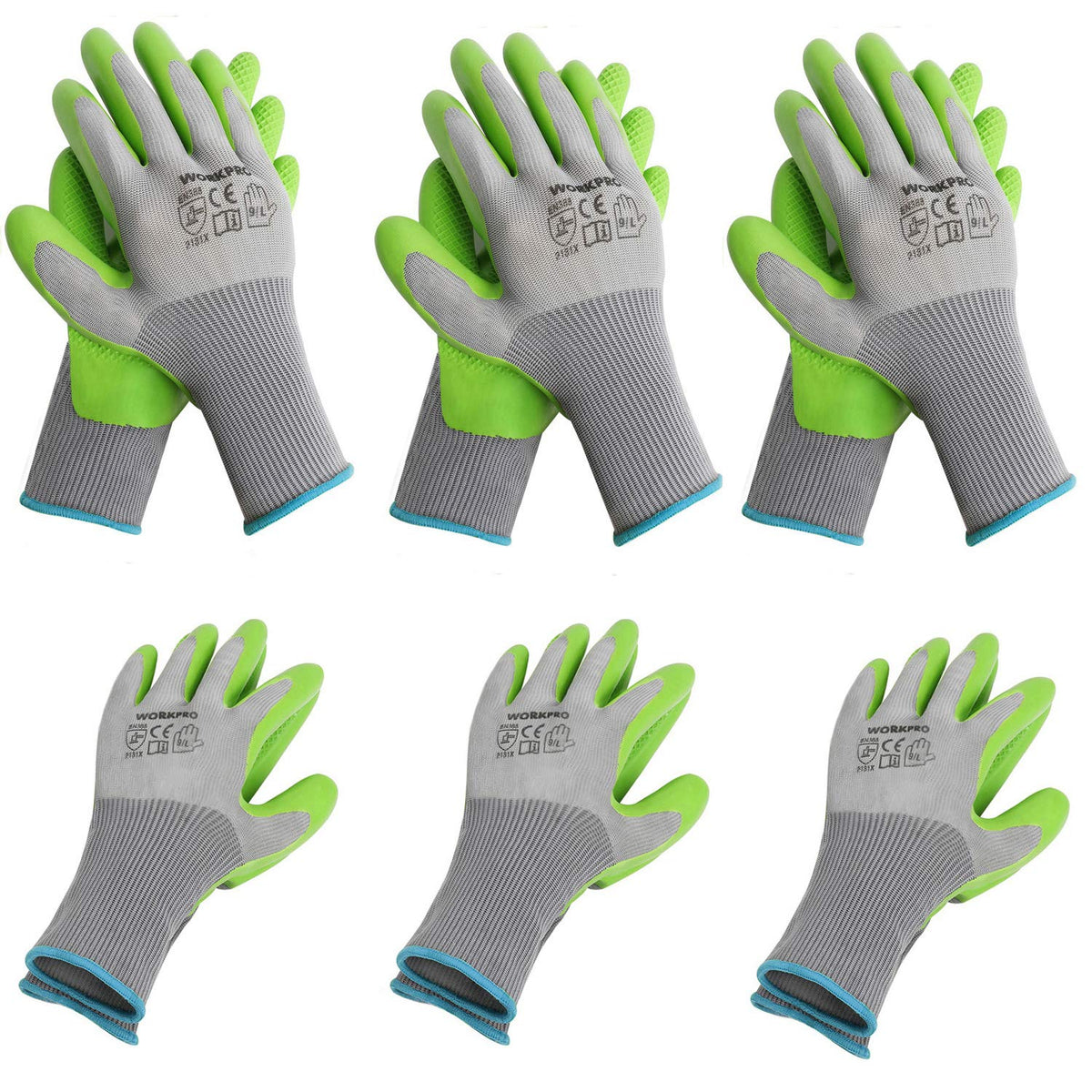 WORKPRO eco-latex-palm gloves provide durable grip for gardening tasks.