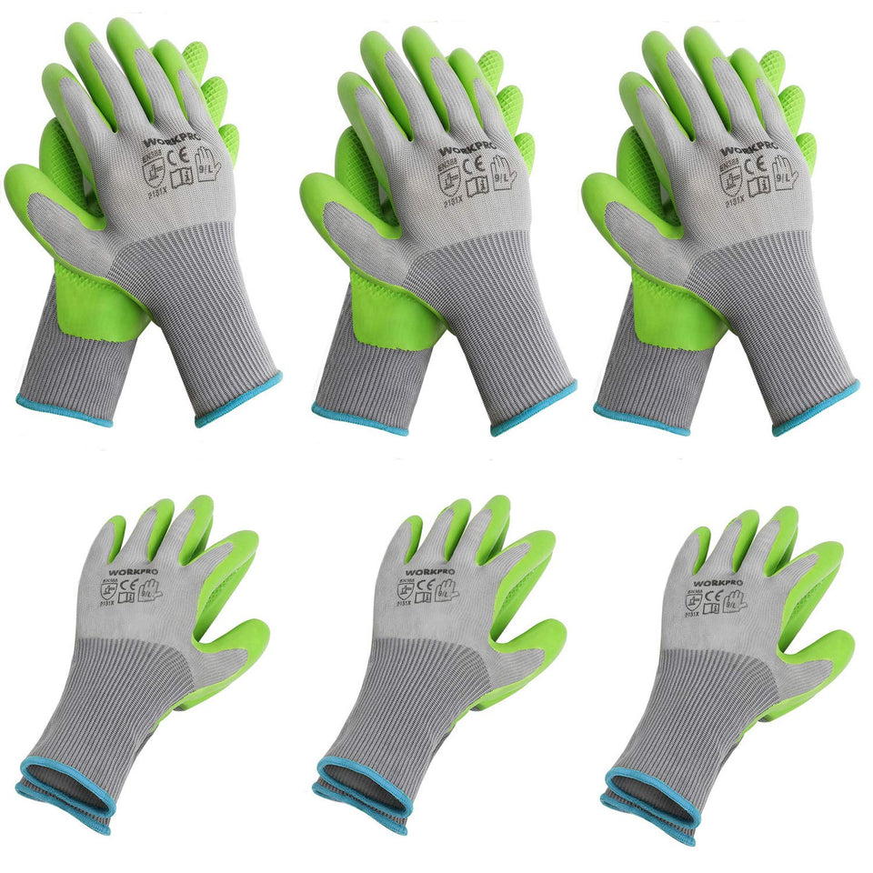 WORKPRO eco-latex-palm gloves provide durable grip for gardening tasks.