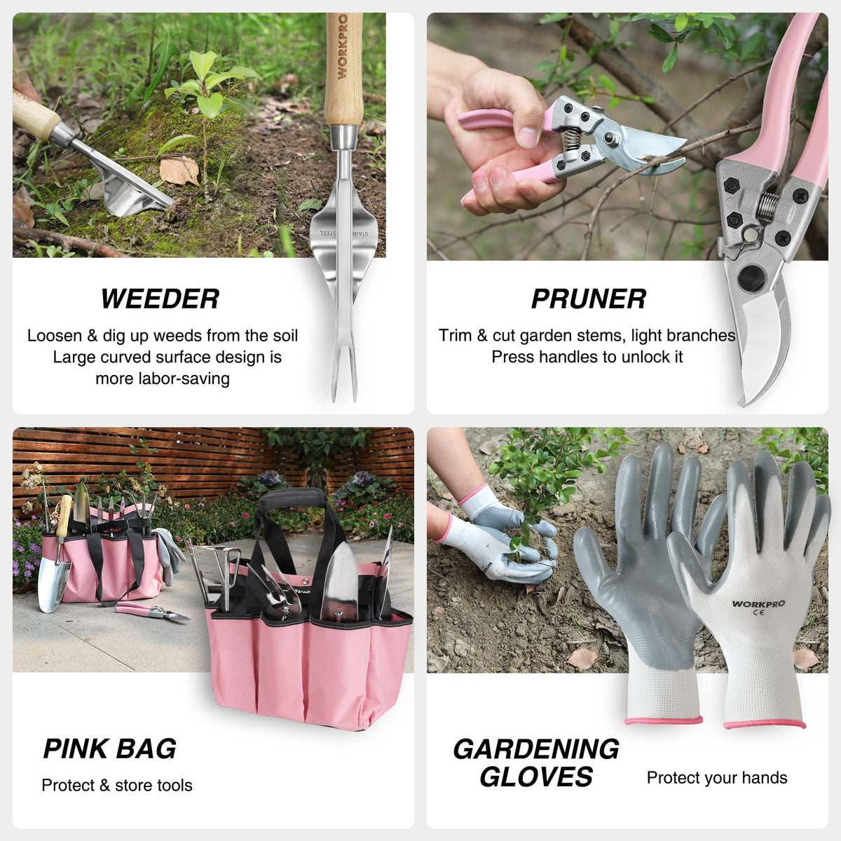 WORKPRO hand fork and cultivator for soil loosening and bed cultivation.