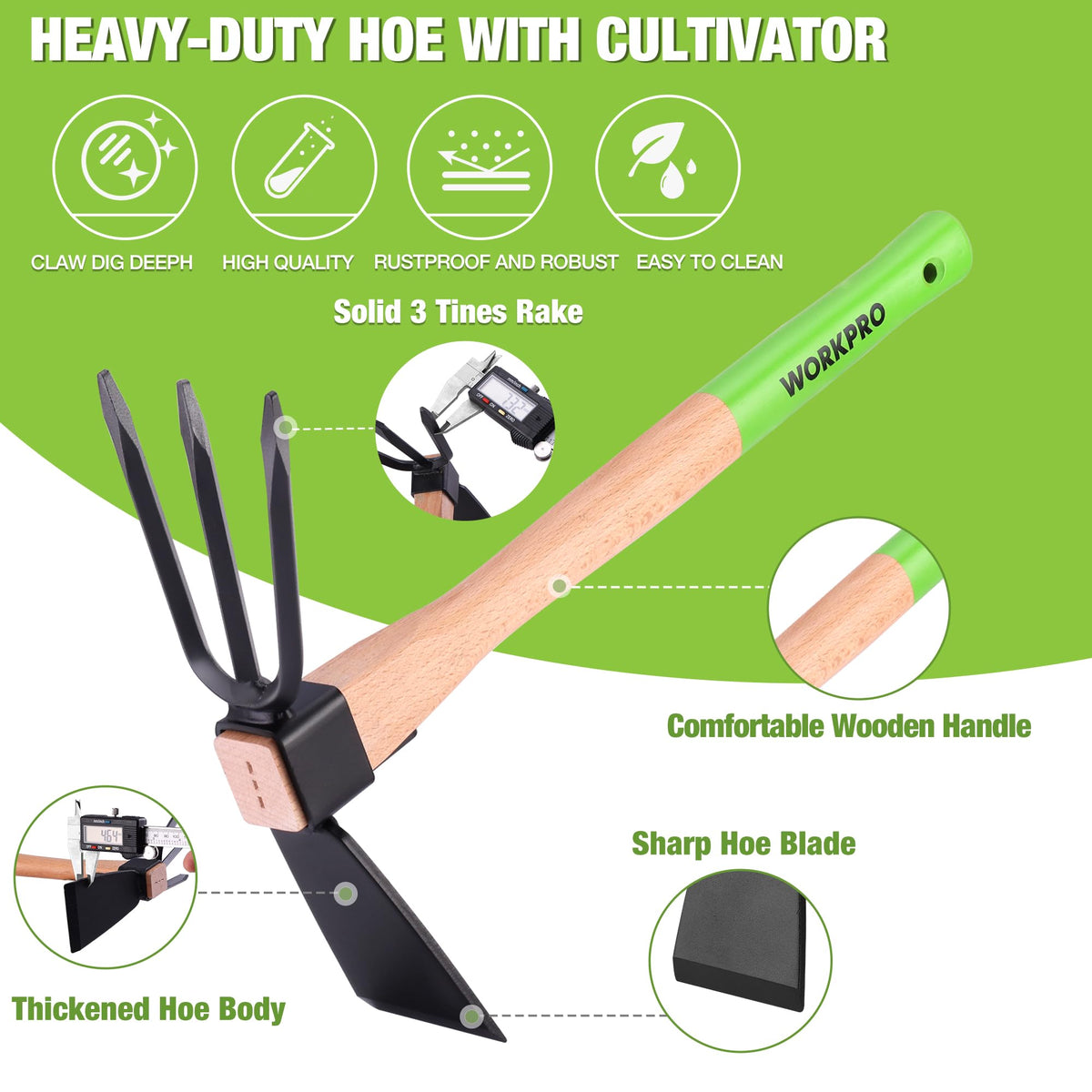 WORKPRO heavy-duty tines ensure durable digging and cultivating tasks.