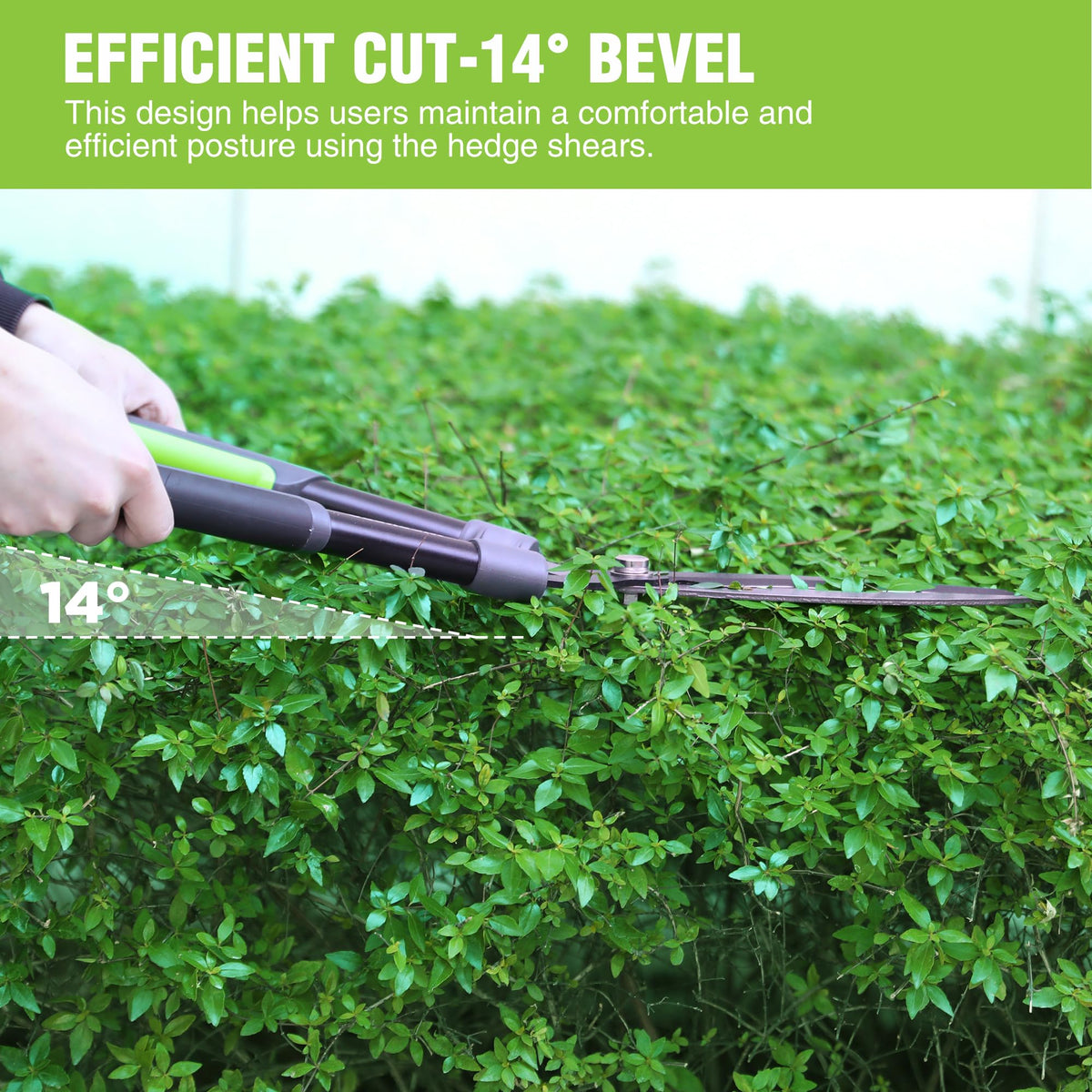 WORKPRO hedge shears 14-degree angle design eases trimming and minimizes strain.