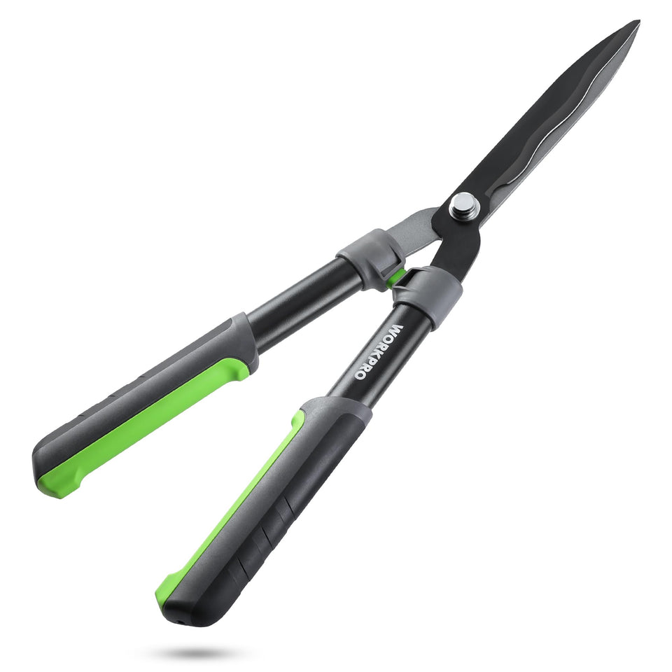 WORKPRO hedge shears 23in steel wavy blade delivers clean, precise cuts for tall hedges.