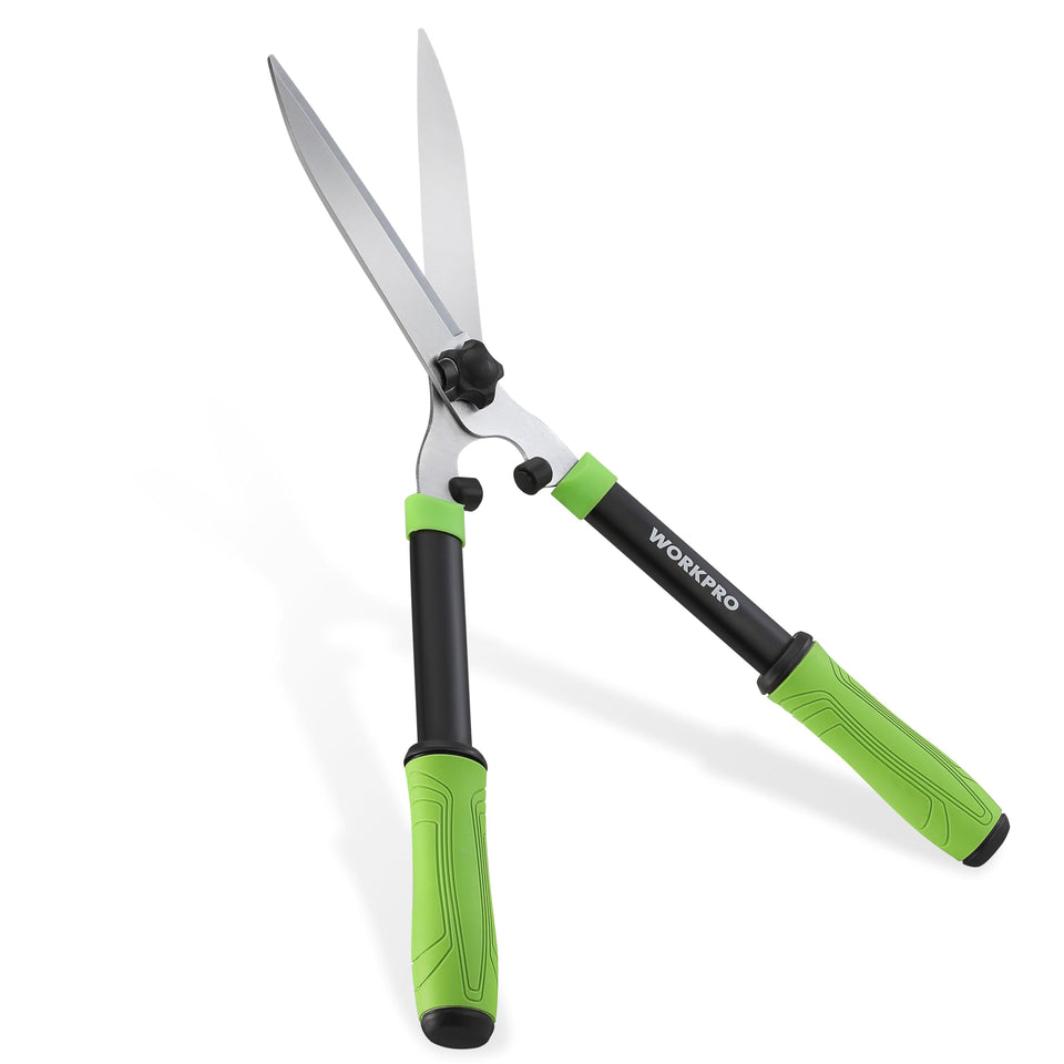 WORKPRO Hedge Shears blade closeup shows durable chrome plated steel for lasting sharpness.