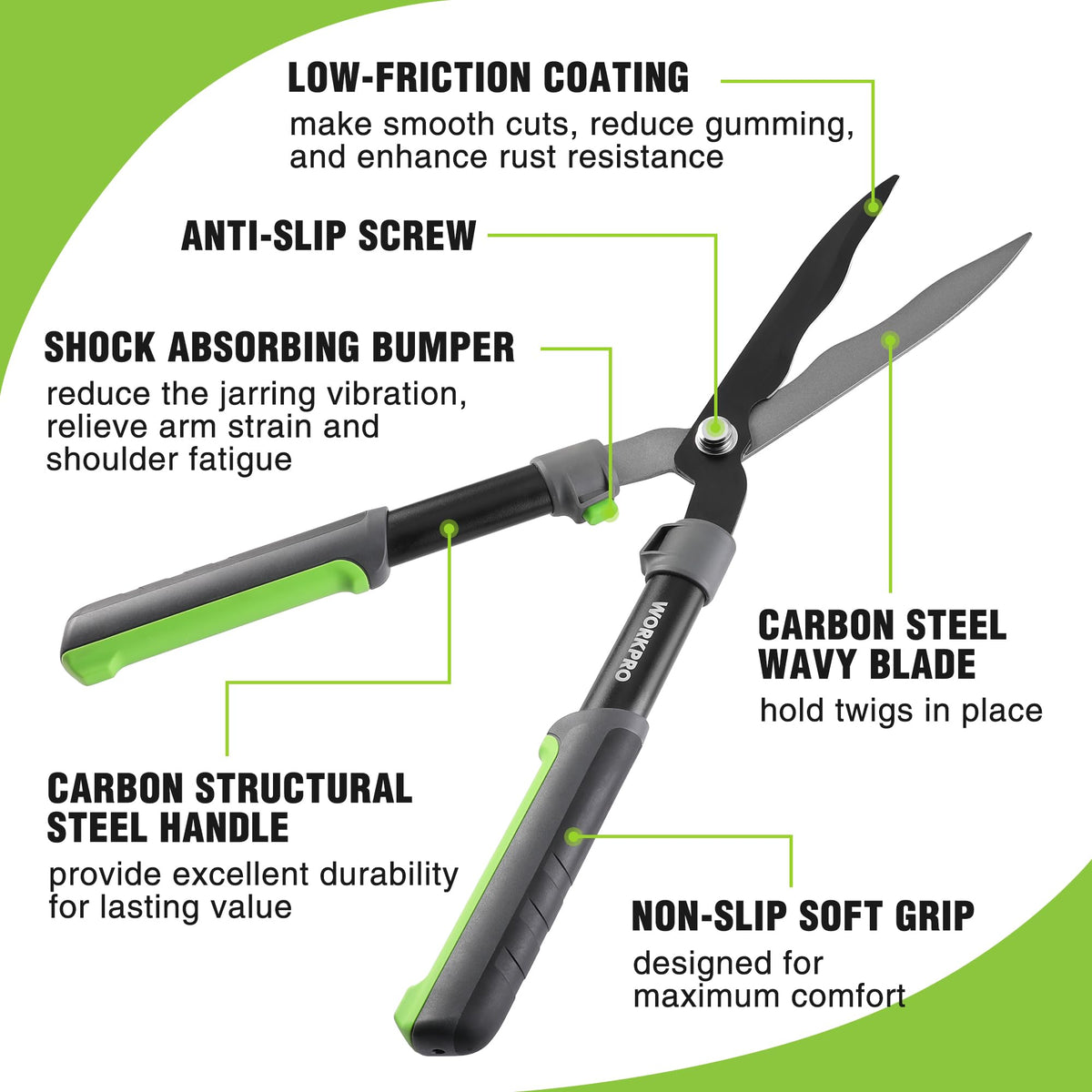 WORKPRO hedge shears ergonomic handle provides comfortable, non-slip grip for steady cuts.
