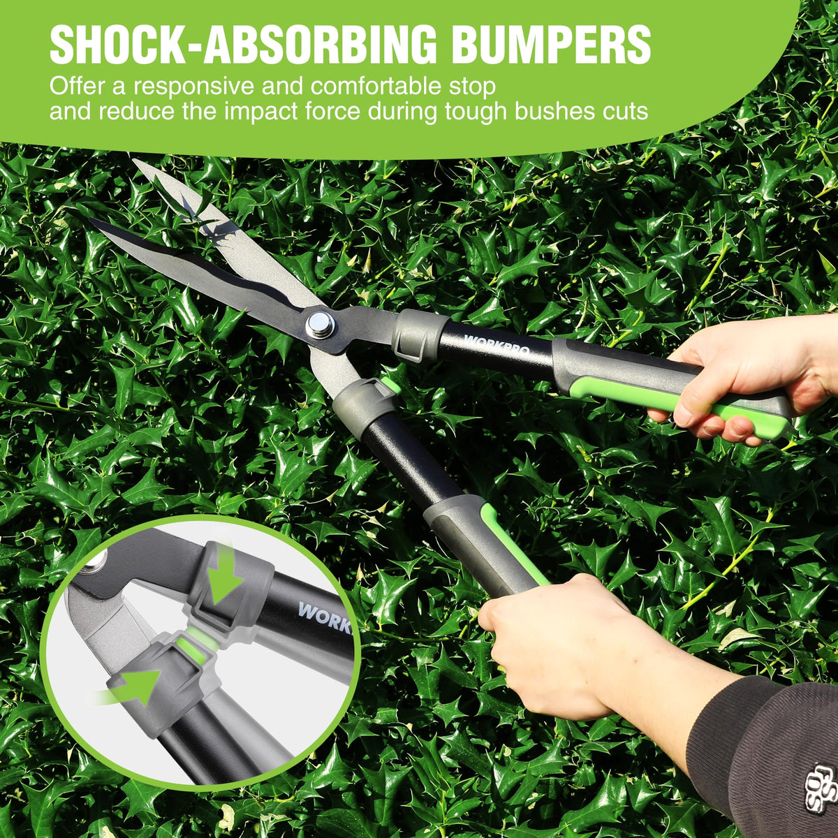 WORKPRO hedge shears allow flat and arc cuts for versatile shaping.