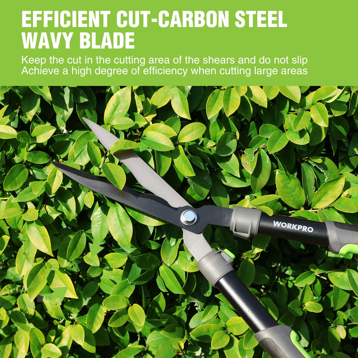 WORKPRO hedge shears with shock-absorbing bumper reduces wrist fatigue during tough pruning.