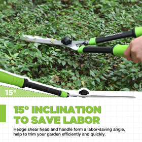 WORKPRO Hedge Shears tilted head at 15 degrees reduces bending during low shrub cuts.