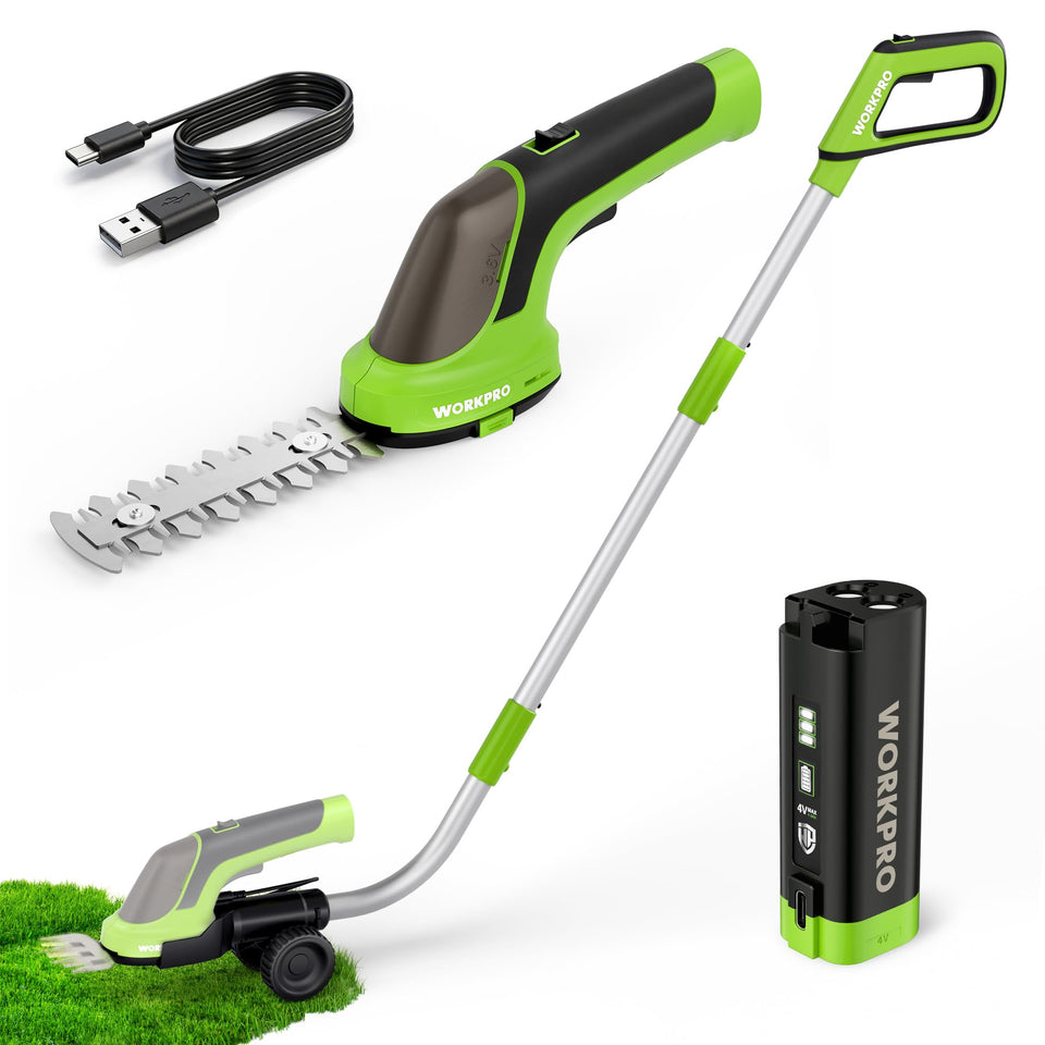 WorkPRO hedge trimmer with extension pole for easy reach during trimming