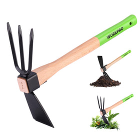 WORKPRO hoe and cultivator with a 14-inch wooden handle for easy soil break-up.