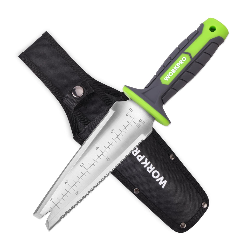 WORKPRO Hori Hori knife blade closeup highlighting a durable 7-inch blade for digging and cutting