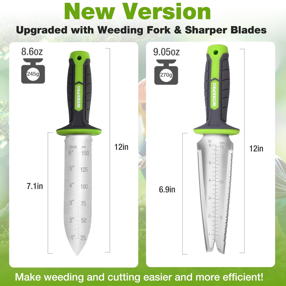 WORKPRO Hori Hori knife with ergonomic TRP handle delivers non-slip comfort during long tasks