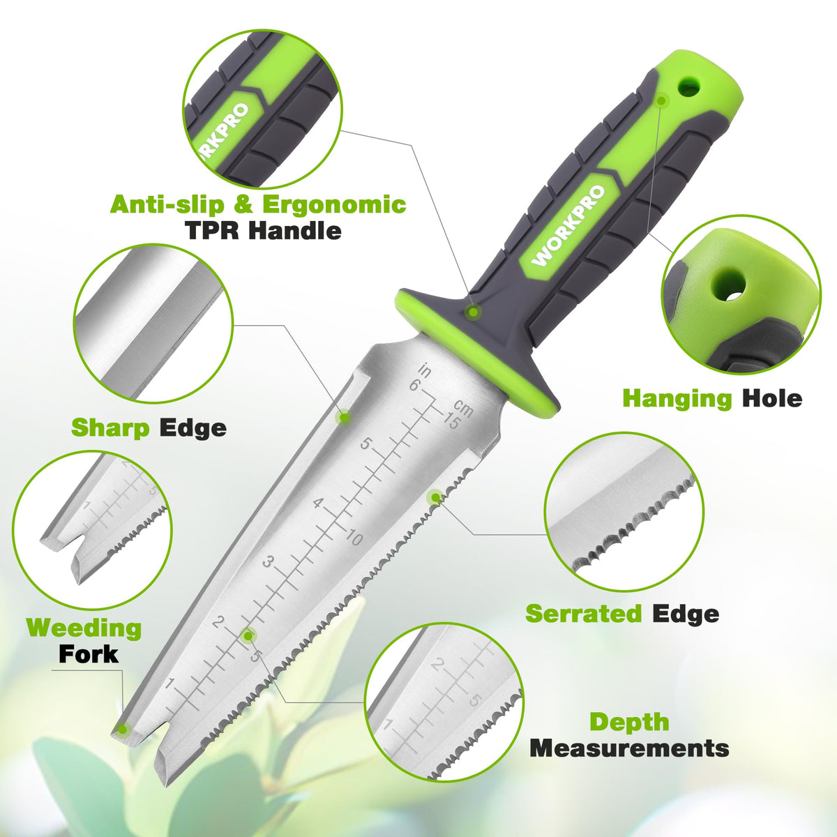 WORKPRO Hori Hori measuring scale on blade helps precise soil depth for transplanting